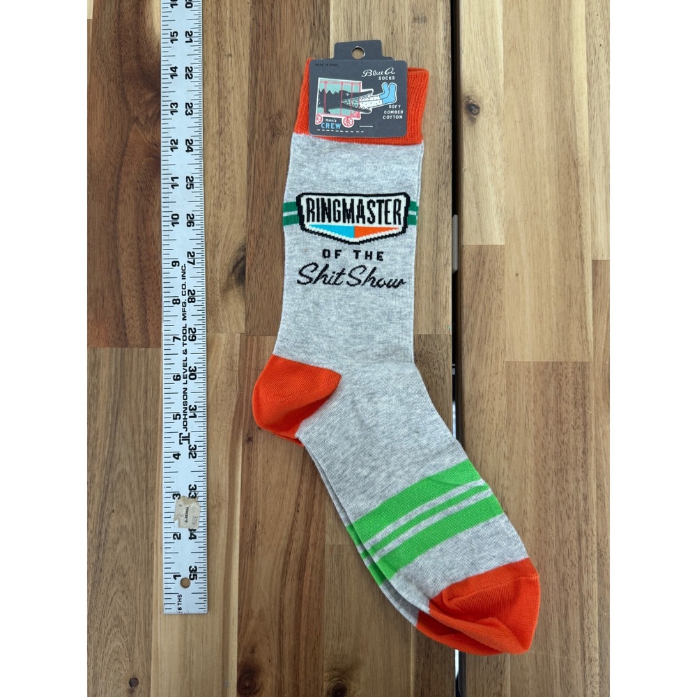 Blue Q Ringmaster of the Shit Show Men's Crew Socks Grey Orange NWT Size 7-12